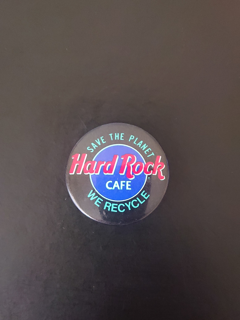 Vintage 1.5" Round Pin Button - Hard Rock Cafe - We Recycle Save The Planet
